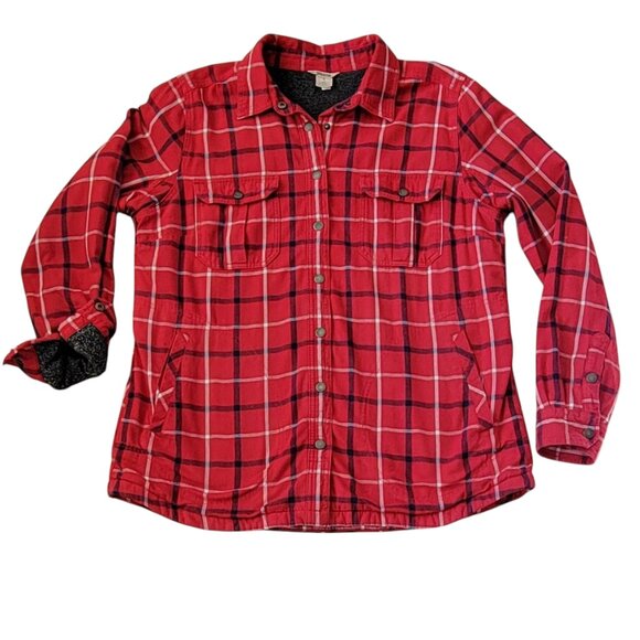 Duluth Free Swingin' Red Plaid Fleece Lined Snap Front Shirt Jacket Shacket Sz L - Picture 6 of 12